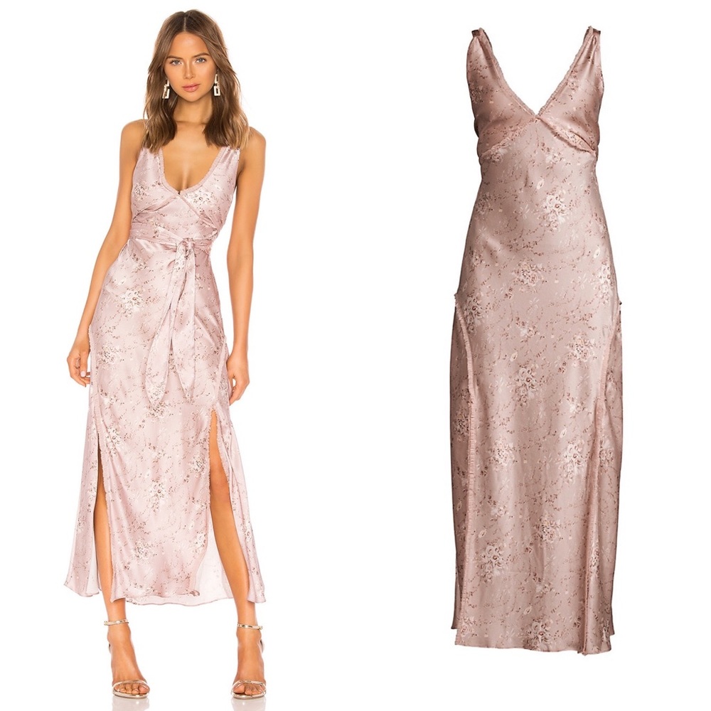 LoveShackFancy Blush Pink Floral Satin Maxi Dress